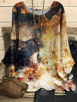 Round Neck Casual Loose Hot Stamping Print Long Sleeve Blouse Round Neck Casual Loose Hot Stamping Print Long Sleeve Blouse