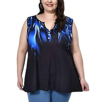 Women's Plus Size Tops Tank Top Color Gradient Button Print Sleeveless V Neck Streetwear Preppy Daily Going out Polyester Spring Summer Blue miniinthebox