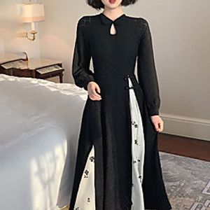 Women's Sheath Dress Midi Dress Black Long Sleeve Floral Split Button Print Spring Summer Mandarin Collar Elegant Traditional Chinoiserie 2022 S M L miniinthebox