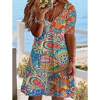 Women's Plus Size Casual Dress Ethnic Dress A Line Dress Floral Paisley Midi Dress Short Sleeve Print V Neck African Outdoor Blue Summer Spring L XL XXL 3XL 4XL Lightinthebox - thumbnail