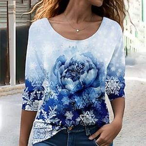 Women's T shirt Tee Floral Yellow Pink Red Print Long Sleeve Holiday Weekend Fashion Round Neck Regular Fit Spring   Fall Lightinthebox