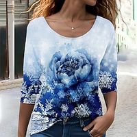 Women's T shirt Tee Floral Yellow Pink Red Print Long Sleeve Holiday Weekend Fashion Round Neck Regular Fit Spring   Fall Lightinthebox - thumbnail