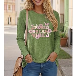 Women's T shirt Tee Floral Butterfly Letter Casual Holiday Black Pink Blue Print Long Sleeve Fashion Round Neck Regular Fit Spring   Fall Lightinthebox