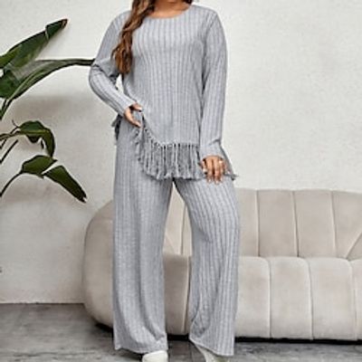 Women's Shirt Pants Sets Solid Color Gray Tassel Fringe Long Sleeve Casual Daily Fashion Round Neck Regular Fit Fall  Winter Lightinthebox