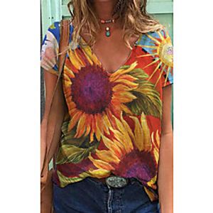 Women's T shirt Flower V Neck Tops Basic Basic Top Rainbow miniinthebox