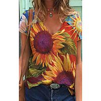 Women's T shirt Flower V Neck Tops Basic Basic Top Rainbow miniinthebox - thumbnail