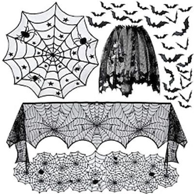 Halloween Decorations Lace Tablecloth Black Spider Web Table Flag Curtains Door Curtains Fireplace Towels Stove Covers Lampshades Lightinthebox