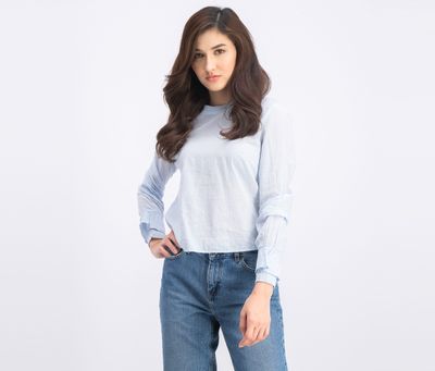 Womens Flounce Sleeve Blouse White/Blue Womens Flounce Sleeve Blouse White/Blue