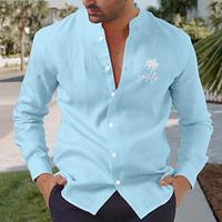 Leaf Graphic Prints Hawaiian Men's Shirt Linen Shirt Outdoor Street Casual Summer Spring Fall Stand Collar Long Sleeve Blue S, M, L Polyester Linen Shirt Lightinthebox