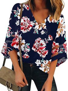 V Neck Print Bell Sleeve Blouse