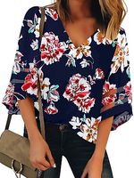 V Neck Print Bell Sleeve Blouse - thumbnail
