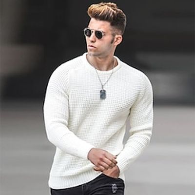 Men's Sweater Pullover Sweater Jumper Ribbed Knit Cropped Knitted Solid Color Crew Neck Basic Stylish Outdoor Daily Clothing Apparel Winter Fall Green Blue S M L miniinthebox