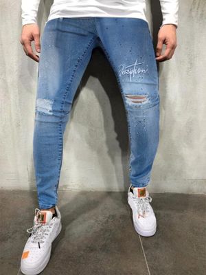 Men Letter Print Ripped Stretch Skinny Drawstring Jeans Men Letter Print Ripped Stretch Skinny Drawstring Jeans