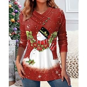 Christmas Shirt Women's T shirt Tee Snowman Red Blue Purple Print Button Long Sleeve Party Christmas Weekend Festival  Holiday V Neck Regular Fit Spring   Fall Lightinthebox