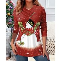 Christmas Shirt Women's T shirt Tee Snowman Red Blue Purple Print Button Long Sleeve Party Christmas Weekend Festival  Holiday V Neck Regular Fit Spring   Fall Lightinthebox - thumbnail