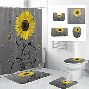 4Pcs Shower Curtain Set with Rug Toilet Lid Cover Sets with Non-Slip Rug Bath Mat for Bathroom,Water Drop and Flowers Pattern,Waterproof Polyester Shower Curtain with 12 Hooks,Bathroom Decoration miniinthebox