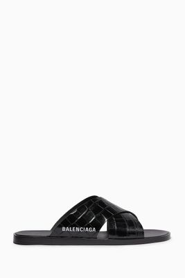 Crocodile-Embossed Leather Slides