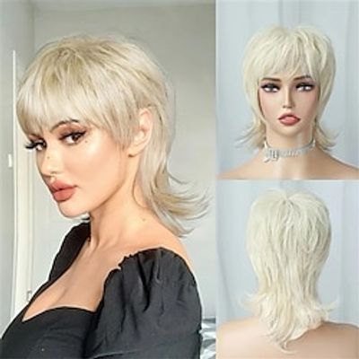 Short Blonde Wig Shaggy Layered 80s Mullet Wig Pixie Cut Wig With Bangs Curly Synthetic Natural Fake Hair Replacement Wigs For Women Daily Party Cosplay Costume Use Christmas Party Wigs Lightinthebox