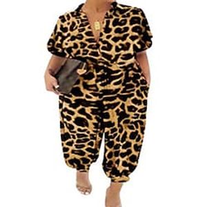 Women's Plus Size Jumpsuit Print Leopard Polka Dot Short Sleeve Boho Streetwear Spring Summer Zebra ArmyGreen Black Leopard L XL XXL XXXL 4XL  V Neck Lightinthebox