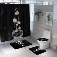 Lotus Printed Waterproof Bath Shower Curtain Set Non-Slip Carpet Mat Floor Toilet Cover Home Bathroom Bathmat Rug Lightinthebox - thumbnail