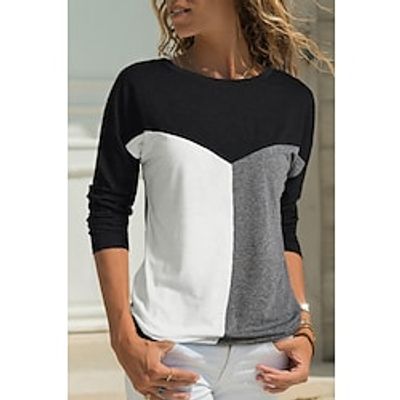 Women's T shirt Tee Black Color Block Print Long Sleeve Daily Weekend Basic Round Neck Regular Painting S Lightinthebox