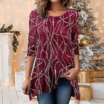 Women's Shirt Blouse Velvet Red Blue Green Striped Flowing tunic Print Long Sleeve Casual Fashion Round Neck Regular Fit Spring   Fall Lightinthebox