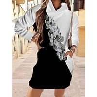 Women's Hoodie Dress Floral Print Casual Weekend 3D Print Active Streetwear Hoodies Sweatshirts  White Black miniinthebox - thumbnail