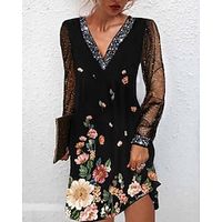 Women's A Line Dress Short Mini Dress Black Long Sleeve Floral Mesh Fall Winter V Neck Stylish Formal 2022 S M L XL 2XL 3XL Lightinthebox - thumbnail