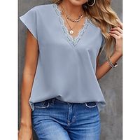 Shirt Blouse Women's Black Blue Beige Solid Color Lace Trims Street Daily Fashion V Neck S Lightinthebox