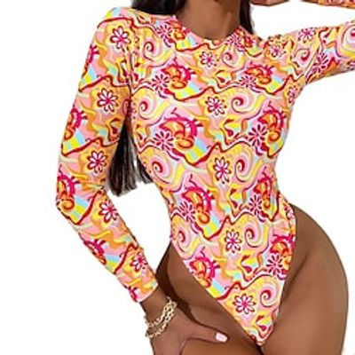 Women's Swimwear One Piece Normal Swimsuit Printing Floral Red Bodysuit Bathing Suits Sports Summer miniinthebox