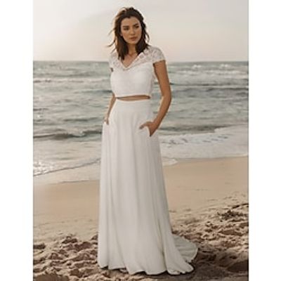 Little White Dresses Wedding Dresses Two Piece V Neck Cap Sleeve Sweep  Brush Train Lace Bridal Suits Bridal Gowns With Pocket Solid Color 2024 Lightinthebox