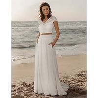 Little White Dresses Wedding Dresses Two Piece V Neck Cap Sleeve Sweep / Brush Train Lace Bridal Suits Bridal Gowns With Pocket Solid Color 2024 Lightinthebox