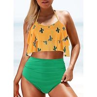 Women's Swimwear Tankini 2 Piece Normal Swimsuit 2 Piece Leaves Black White Yellow Tank Top Bathing Suits Sports Summer miniinthebox - thumbnail