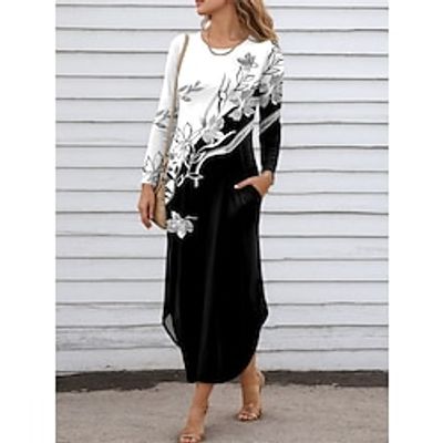 Women's Casual Dress SpringDress Animal Floral Print Pocket Crew Neck Long Dress Maxi Dress Streetwear Maxi Street Holiday Long Sleeve Regular Fit Black White Blue Spring S M L XL XXL Lightinthebox