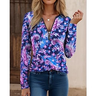 Women's T shirt Tee Paisley Pink Blue Green Print Quarter Zip Long Sleeve Casual Holiday Fashion Round Neck Regular Fit Spring Fall Lightinthebox Women's T shirt Tee Paisley Pink Blue Green Print Quarter Zip Long Sleeve Casual Holiday Fashion Round Neck Regular Fit Spring Fall Lightinthebox