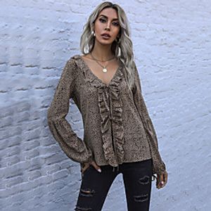 Women's Blouse Shirt Leopard Long Sleeve Ruffle Print V Neck Basic Streetwear Tops Khaki Lightinthebox