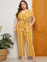 YOINS Plus Size Yellow Striped V-neck Short Sleeves Jumpsuit - thumbnail