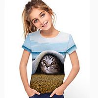 Kids Girls' T shirt Short Sleeve Cat Animal Blue Children Tops Summer Active Daily Wear Regular Fit 4-12 Years Lightinthebox - thumbnail