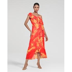 Women's Peplum Dresses Wedding Guest Midi Dress Purple Orange Short Sleeve Blooming Ruffle Front Tie Spring Summer Asymmetrical Romantic S M L