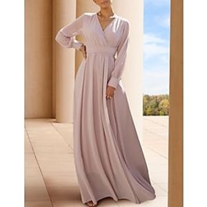 A-Line Mother of the Bride Dress Formal Wedding Guest Elegant Scoop Neck V Neck Floor Length Chiffon Long Sleeve with Pleats 2023 Lightinthebox