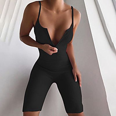 Women's Zipper Front Athleisure Plunging Blushing Pink Gray Khaki Romper Solid Colored Zipper miniinthebox