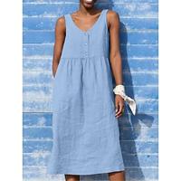 Women's Linen Dress Tank Dress Cotton Summer Dress Midi Dress Pocket Daily Vacation V Neck Sleeveless Summer Spring Black Yellow Plain Lightinthebox - thumbnail