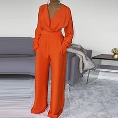 Women's Jumpsuit High Waist Solid Color V Neck Streetwear Street Daily Regular Fit Long Sleeve Orange S M L Fall miniinthebox