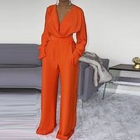 Women's Jumpsuit High Waist Solid Color V Neck Streetwear Street Daily Regular Fit Long Sleeve Orange S M L Fall miniinthebox - thumbnail