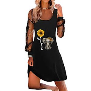 Women's A Line Dress Short Mini Dress Black Wine Dark Blue Long Sleeve Floral Animal Mesh Print Spring Summer Square Neck Stylish Casual 2022 S M L XL XXL 3XL miniinthebox