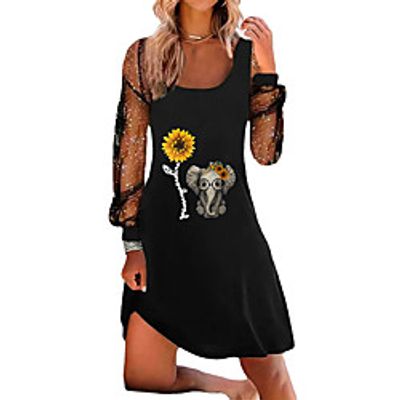 Women's A Line Dress Short Mini Dress Black Wine Dark Blue Long Sleeve Floral Animal Mesh Print Spring Summer Square Neck Stylish Casual 2022 S M L XL XXL 3XL miniinthebox