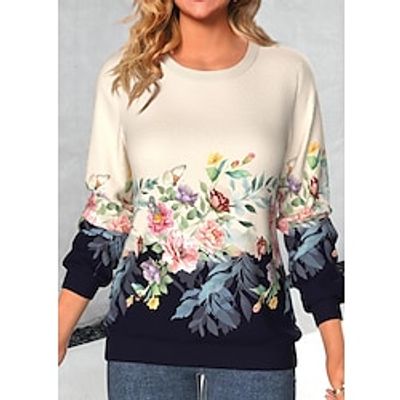 Women's Sweatshirt Pullover Vintage Basic Khaki Floral Casual Round Neck Long Sleeve Top Micro-elastic Fall  Winter Lightinthebox