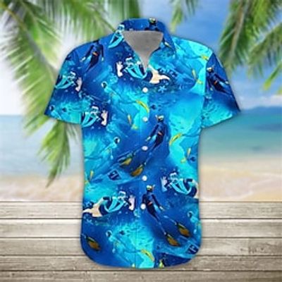 Men's Shirt Summer Hawaiian Shirt Graphic Prints Underwater World Turndown Blue Street Casual Short Sleeves Button-Down Print Clothing Apparel Tropical Fashion Streetwear Hawaiian miniinthebox