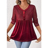Women's Shirt Blouse Plain Red Lace Button Flowing tunic Long Sleeve Casual Fashion V Neck Regular Fit Spring   Fall Lightinthebox - thumbnail