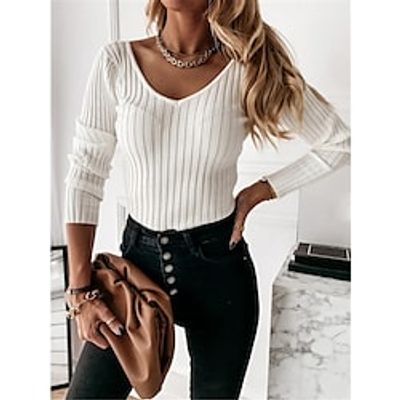 Women's T shirt Tee Black khaki White Plain Long Sleeve Daily Weekend Basic V Neck Regular S miniinthebox